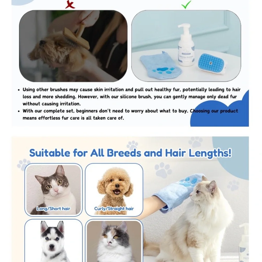 Waterless Cat dog rabbit Grooming kit brush mitt shampoo rechargeable massager